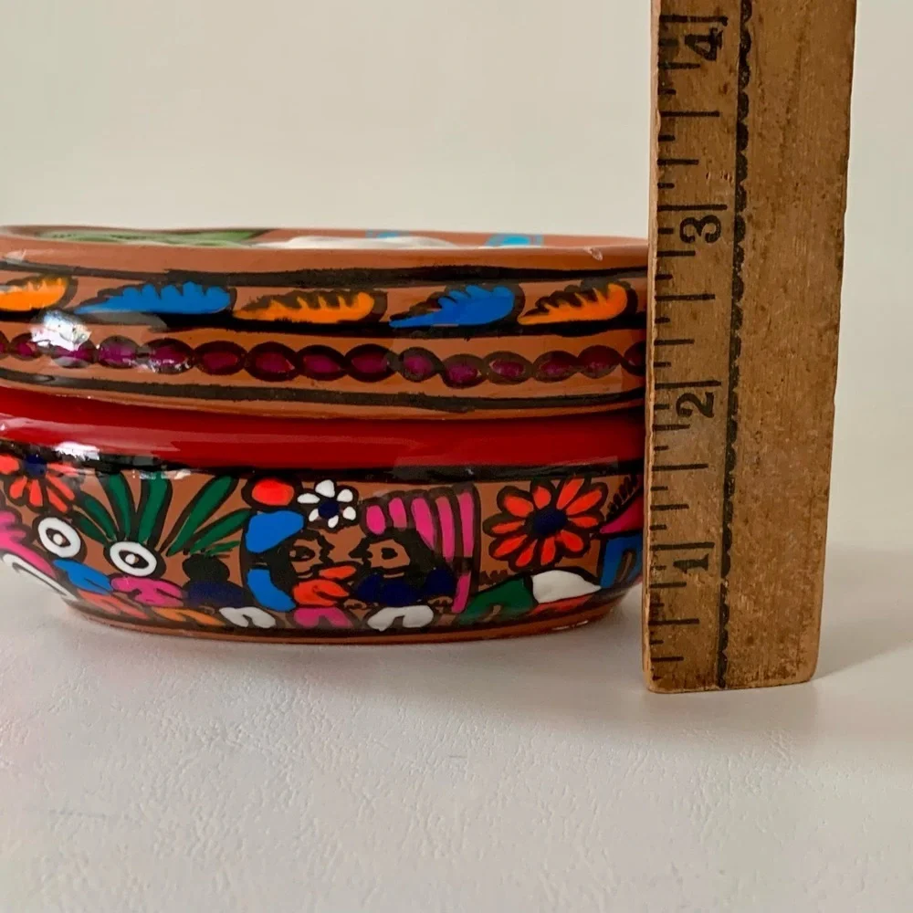 HAND PAINTED MEXICAN RED CLAY POTTERY FOLK ART OBLONG BOX CALLA LILY